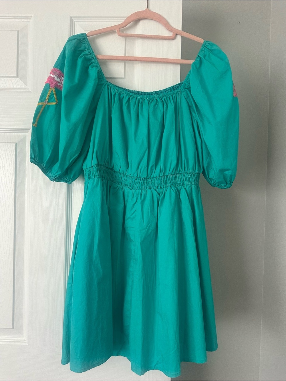 Fantastic Fawn Flamingo Dreams Dress in Turquoise size large